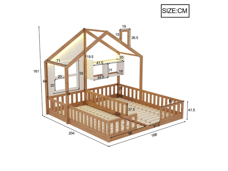  Lit cabane double enfant 90 x 200 cm x2, lit maison en bois naturel avec fenêtres, cheminée, led, étagère, barrières et sommiers à lattes  - Conforama E
