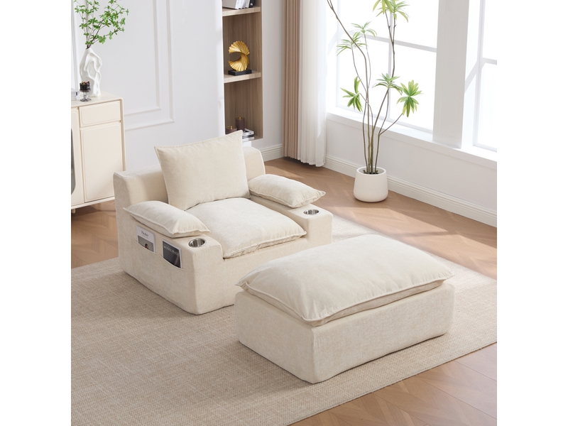  Méridienne en chenille – 4 coussins – porte-gobelet – sans montage – beige  - Conforama E