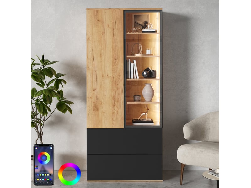 Vitrine 70x35x160 cm avec led, 2 portes et 2 tiroirs coloris naturel et noir  - Conforama E