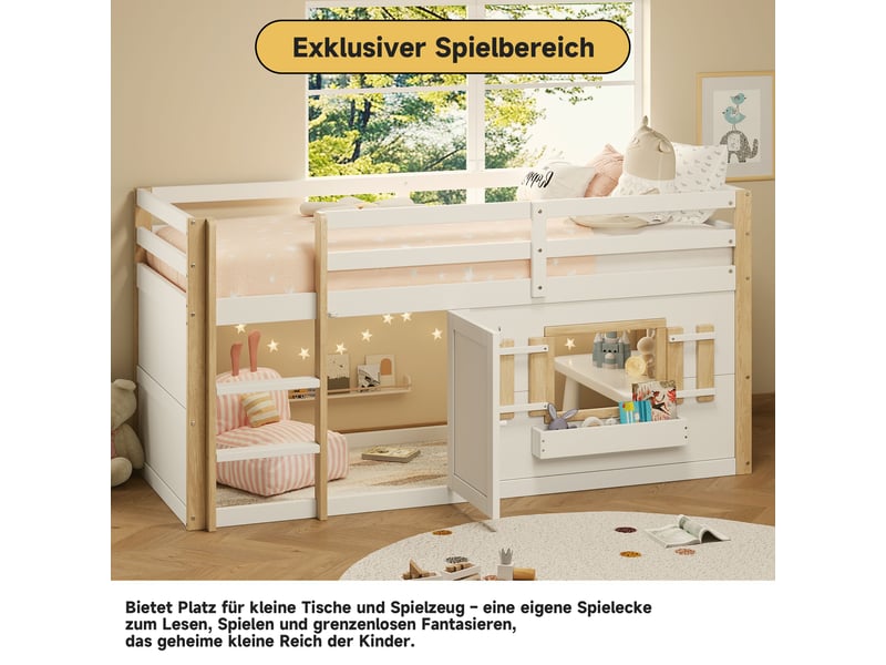  Lit mezzanine enfant 90x200 cm avec espace de jeu inférieur-échelle et barrières-structure en bois-blanc  - Conforama E