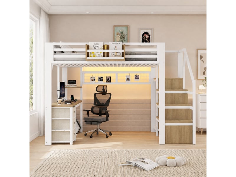  Lit mezzanine modenvie 140 x 200 cm avec bureau, 3 tiroirs, rangements, armoire, led, métal et mdf blanc  - Conforama D