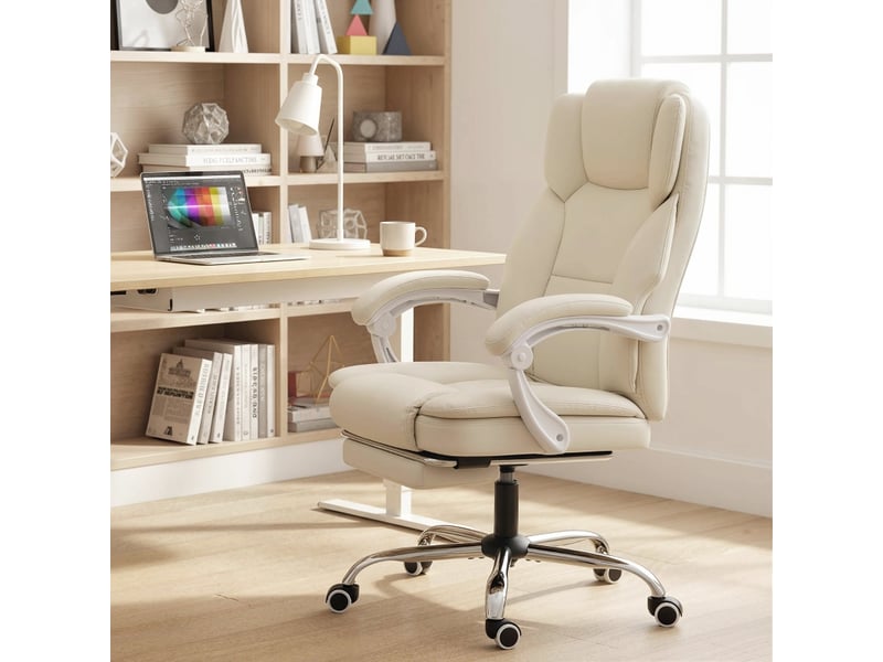 Chaise de bureau inclinable 155° avec repose-pieds - lpospi - pivotante réglable, simili cuir beige, 64 × 73 × 112-120 cm  - Conforama C