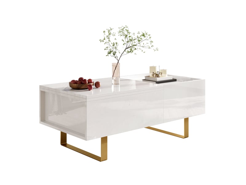  Table basse relevable avec 1 tiroir et 1 rangement caché, finition brillante, en mdf, blanc, 100 × 50 × 54,5 cm  - Conforama A
