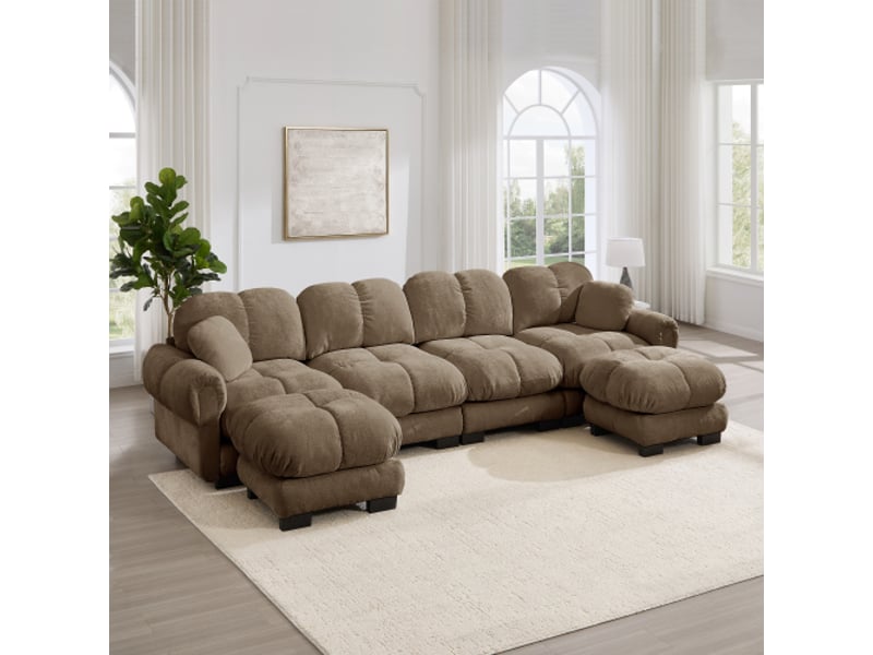  Canapé d'angle modulaire u 4 places en chenille, 2 poufs mobiles, design matelassé, marron, ergonomique  - Conforama E