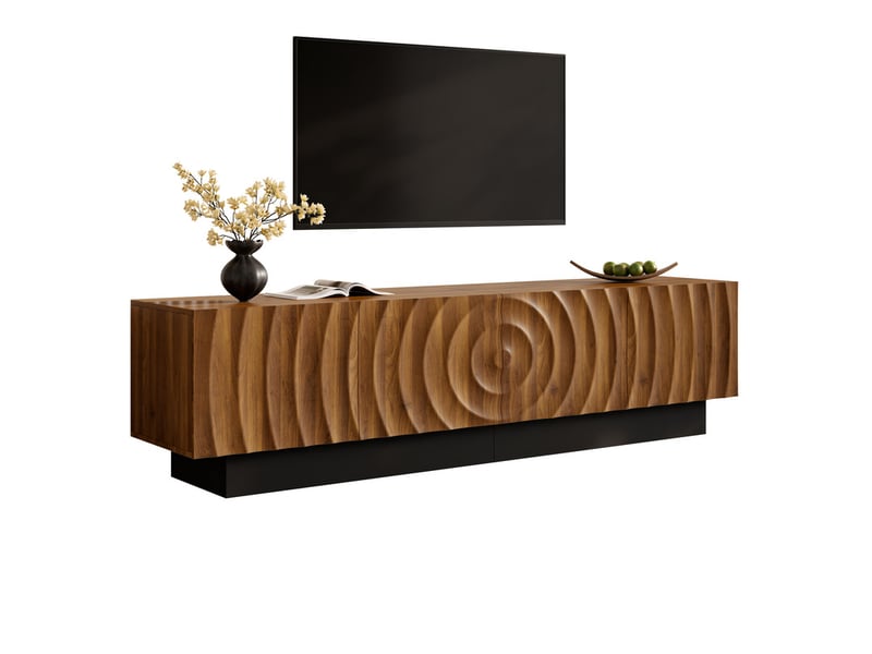  Meuble tv, 180 x 40 x 50 cm, portes à motif en relief arqué tridimensionnel, piètement noir, étagères fixes, couleur noyer  - Conforama A