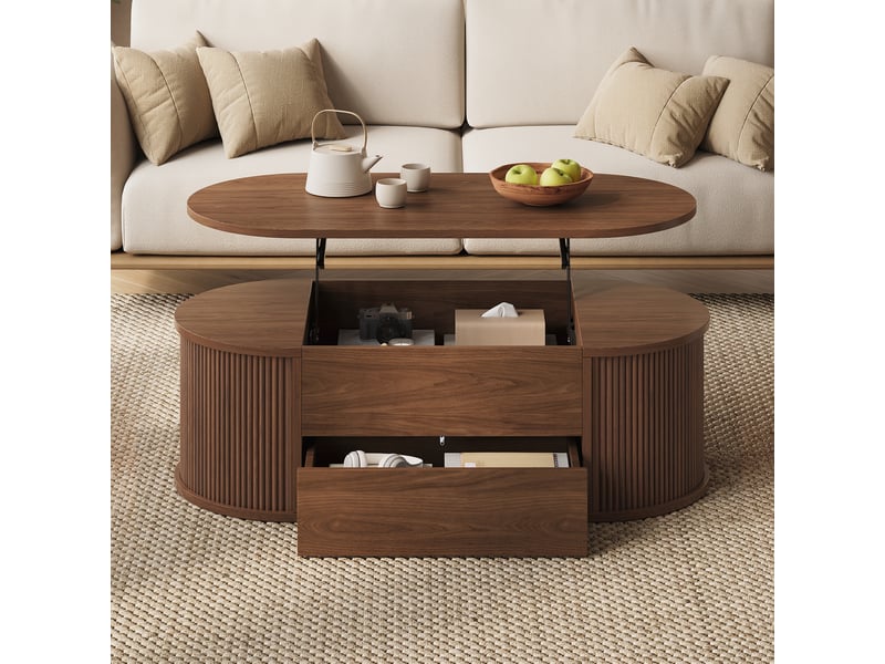  Table basse relevable 100x50x35 cm avec mécanisme hydraulique, 1 tiroir push-to-open et rangement caché, table de salon ovale en mdf, effet noyer OPULERANE TRADING LTD - Conforama E