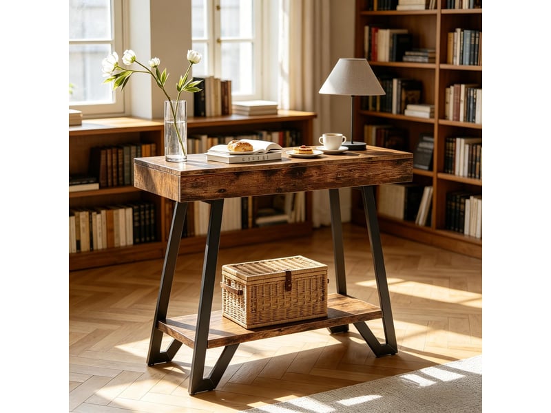  Console à 2 niveaux avec rangement pour entrée et salon en mdf et métal noir et marron rustique  - Conforama D