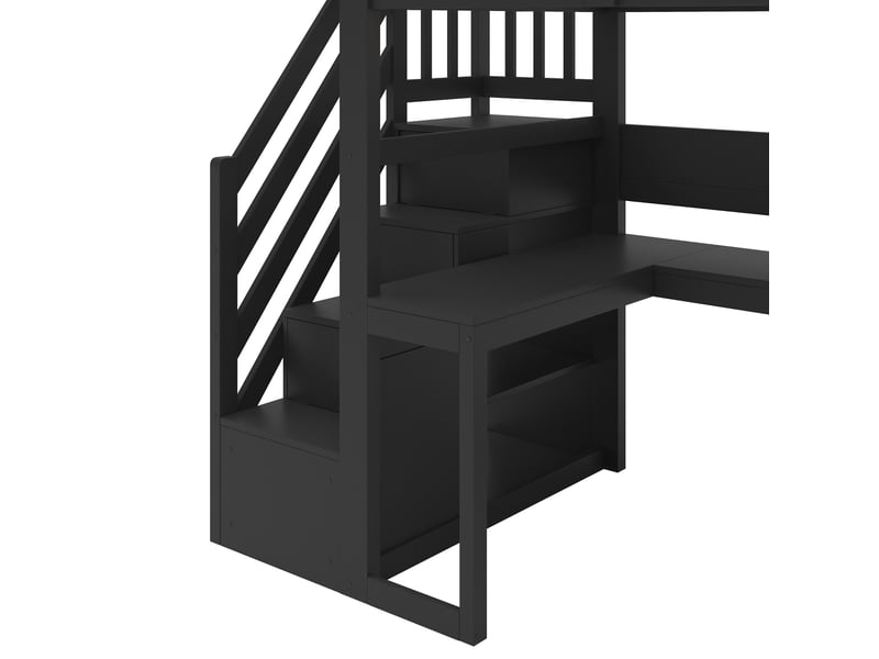  Lit mezzanine 90 x 200 cm, lit enfant surélevé, bureau intégré, étagères ouvertes, éclairage led, ports usb et usb-c, échelle, contreplaqué, noir Morn Vibe - Conforama E