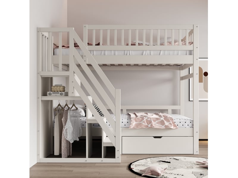  Modenvie lit superposé 90x200 cm - escalier avec rangement, tiroirs de lit, sommier inclus - blanc  - Conforama D