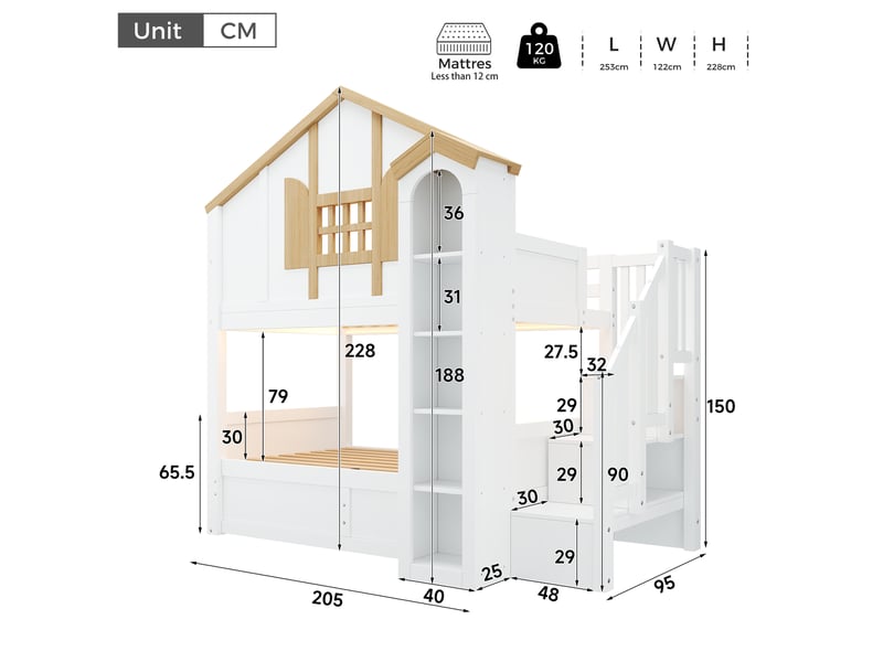  Lit superposé enfant 90×200 cm et 90×200 cm avec coffre hydraulique - okmyhome- led, escalier rangement, sans matelas  - Conforama D