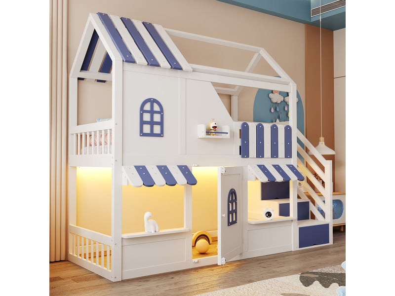 Lit superposé enfant 90 x 200 cm - avec échelle de rangement - avec lumière led - avec 1 porte - blanc + bleu (matelas non inclus)  - Conforama E