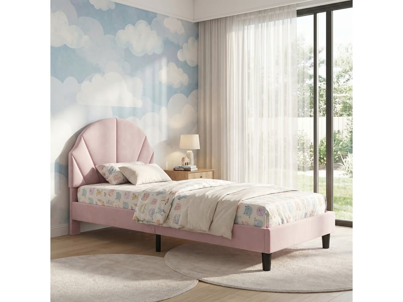  Lit simple 90x200, lit enfant capitonné avec tête de lit coquille réglable en hauteur, velours, style moderne scandinavo, rose  - Conforama B