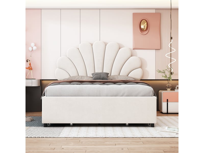 Lit enfant 140x200 cm, tiroirs, espace de rangement, tête de lit réglable, sommier, velours beige, sans matelas - Conforama B