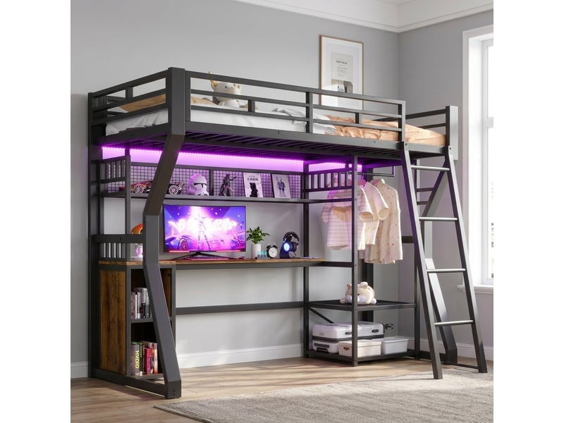  Lit mezzanine 90x200 cm avec éclairage et bureau en métal et mdf noir  - Conforama C