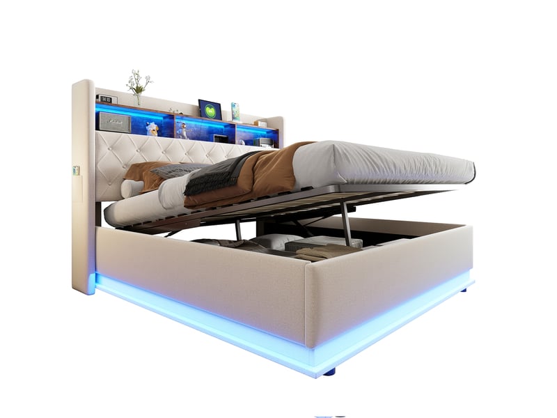  Lit coffre led 180 x 200 cm avec rangement hydraulique, usb et tissu beige  - Conforama A