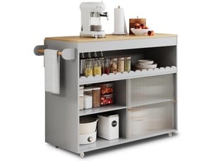 Desserte de cuisine 122 x 46 x 91 cm, grise, mdf, plateau rabattable, rangement à portes vitrées