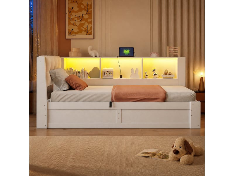  Daybed 90x200 cm - lit à tiroir avec rangement hydraulique, étagère et lampe led, sans matelas, blanc  - Conforama B