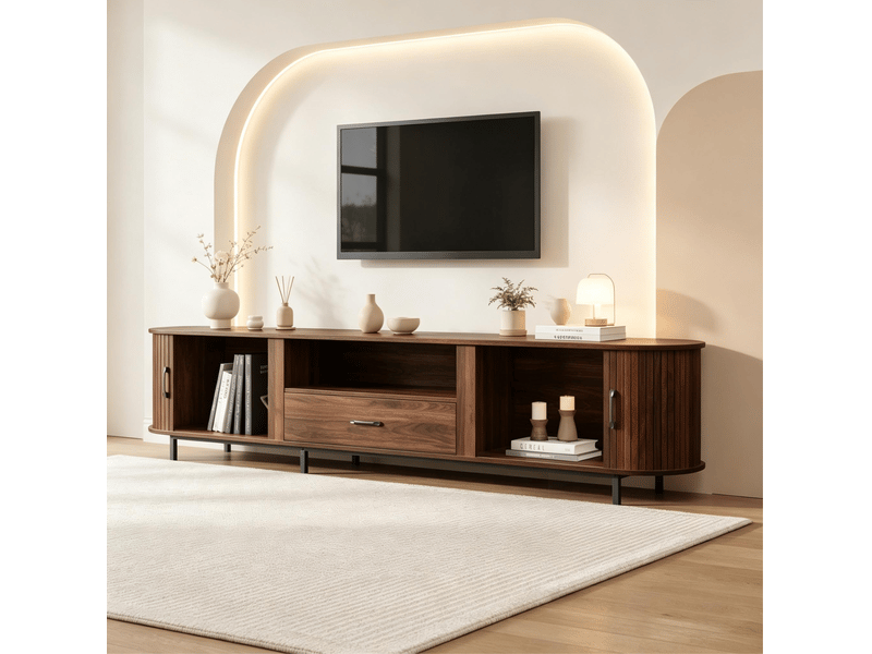 Meuble tv avec 2 portes coulissantes, 1 tiroir et 2 niches ouvertes rétro pour salon en mdf noyer foncé 180 × 40 × 50 cm - Conforama E