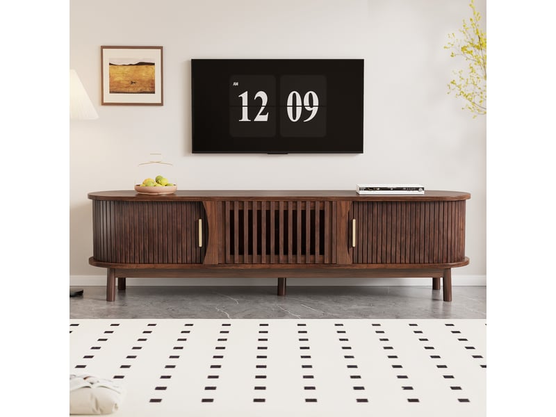 Meuble tv bas en mdf de 165 cm, meuble tv marron pour télévision jusqu'à 65 pouces, portes coulissantes et porte rabattable - Conforama D