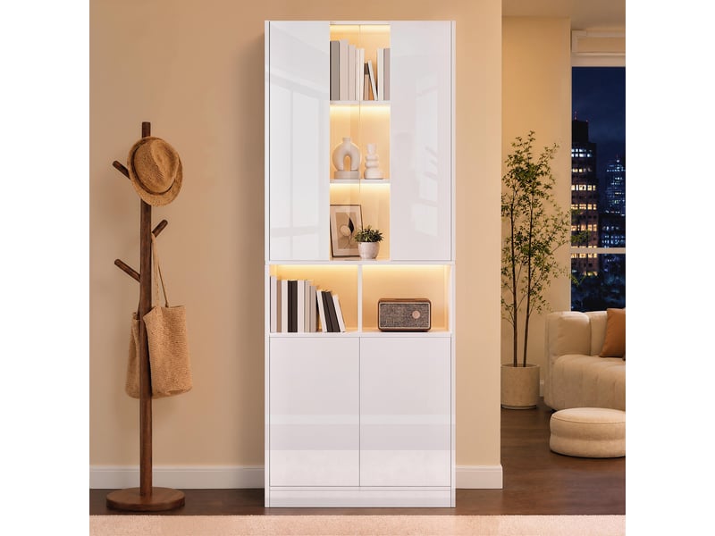 Armoire haute 4 portes led pilotée par application - lpospi - étagère réglable mdf blanc 70 × 35 × 180 cm - Conforama B