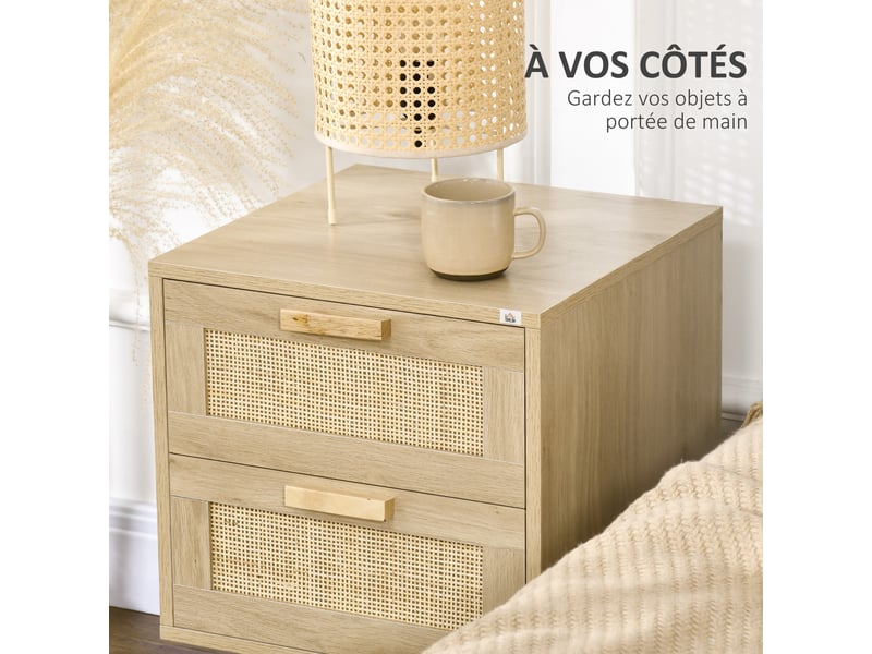  Lot de 2 tables de chevet tables d'appoint 2 tiroirs façades aspect cannage rotin style bohème naturel 40 x 40 x 56 cm  - Conforama W
