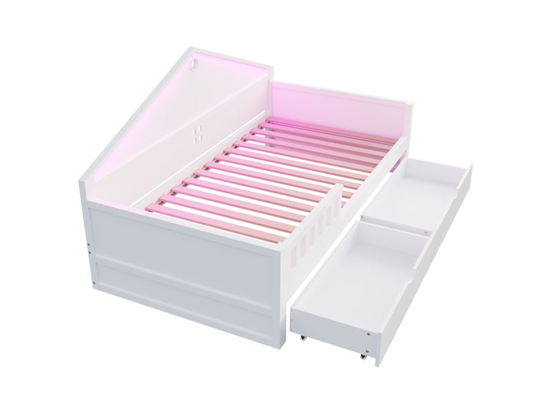  Lit enfant blanc 90x200 cm – barre led, tiroirs de rangement et sommier à lattes intégré – idéal chambre d’ado  - Conforama D