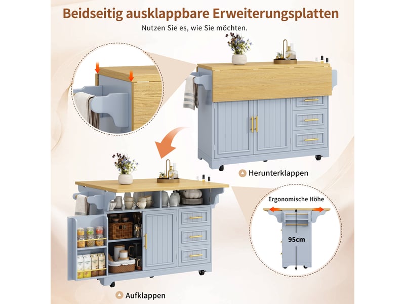  Îlot de cuisine sur roulettes avec plateau rabattable mdf bleu 120x40x95 cm  - Conforama E