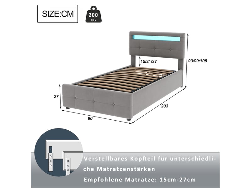  Lit enfant coffre 90x200 cm à led, tête réglable, velours gris  - Conforama E