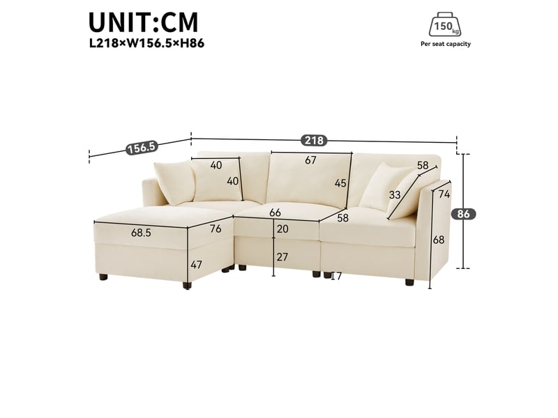  Canapé d'angle 218x156,5 cm avec pouf et accoudoirs réglables en chenille beige  - Conforama E