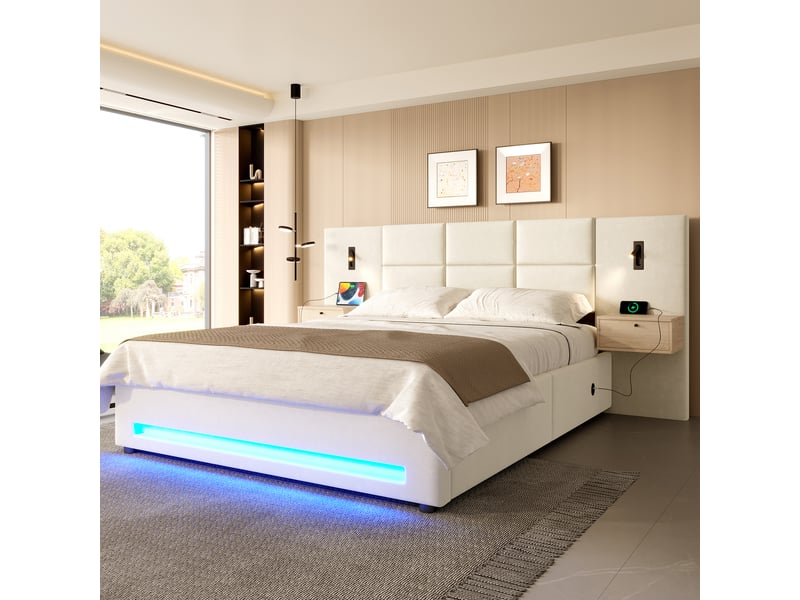 Lit coffre 180x200 cm velours avec tiroirs, led, ports usb, rangement hydraulique et cadre métallique renforcé  - Conforama B