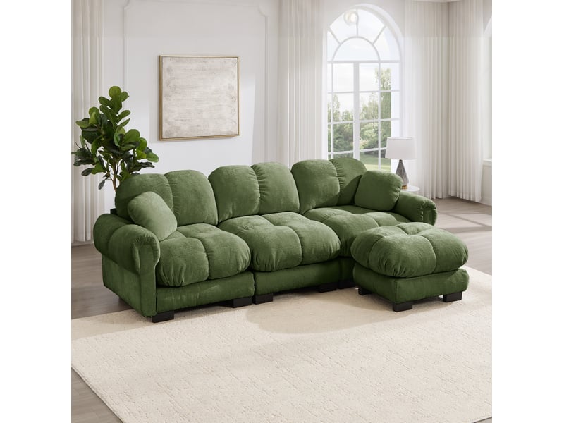  Canapé d’angle modulable 3 places modenvie avec ottomane mobile, 2 coussins décoratifs, revêtement chenille vert, 260 x 149 x 90 cm  - Conforama E