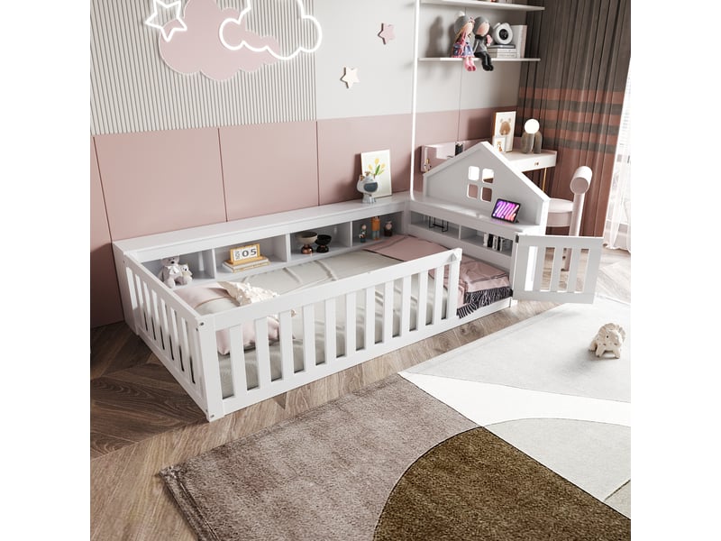  Lit enfant 90x200 cm avec sommier à lattes, lit simple en bois massif avec fenêtre, lit 1 personne, blanc  - Conforama A