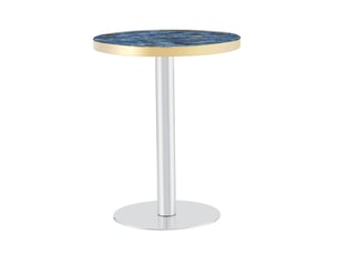 Table d'appoint ronde 60 cm bleu marbré, pied central en métal argenté et doré