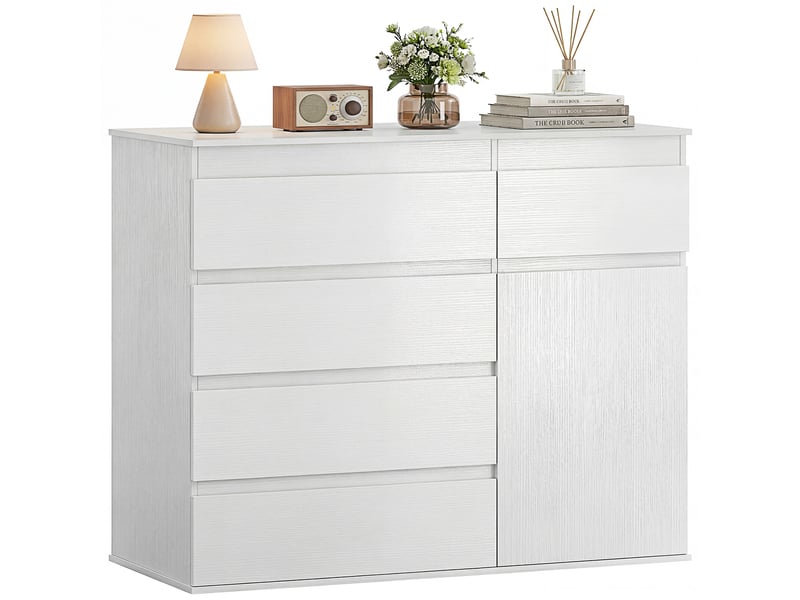 Buffet salon, meuble de rangement avec 5 tiroirs, étagère réglable et porte à fermeture douce, 100 x 40 x 80 cm, blanc  - Conforama A