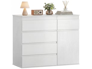 Buffet salon, meuble de rangement avec 5 tiroirs, étagère réglable et porte à fermeture douce, 100 x 40 x 80 cm, blanc