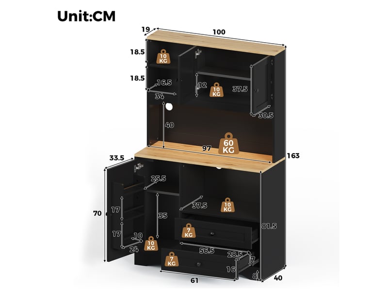  Buffet de cuisine 100x40x163 cm avec led, prises et usb coloris noir  - Conforama C