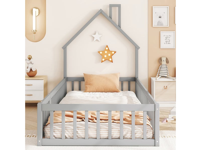  Lit cabane enfant 90 x 200 cm - lit avec sommier à lattes - bois massif - garde-corps sécurité - design cheminée - gris  - Conforama B