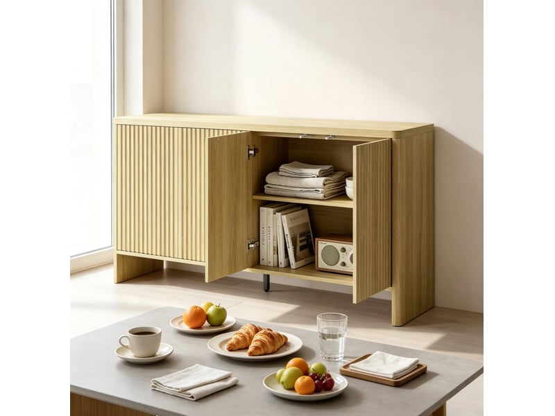  Buffet bas 4 portes avec étagères réglables et ouverture par pression pour salon en mdf chêne 147 × 40 × 77 cm  - Conforama E