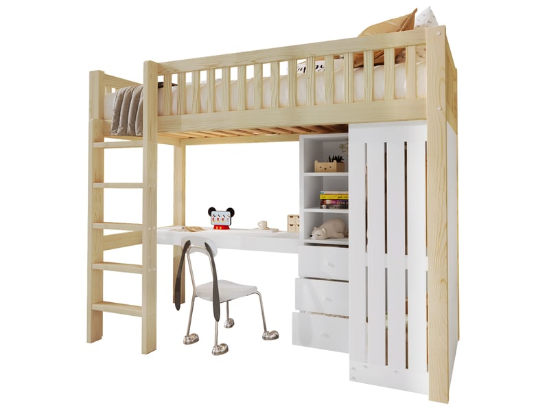  Lit mezzanine enfant 200×90 cm avec bureau, armoire, 3 tiroirs et escalier, sans matelas, en pin et mdf blanc et naturel  - Conforama A