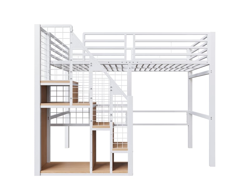 Lit mezzanine 140x200 avec échelle de sécurité, lit enfant en métal blanc avec espace de rangement, idéal pour adolescent - Conforama E