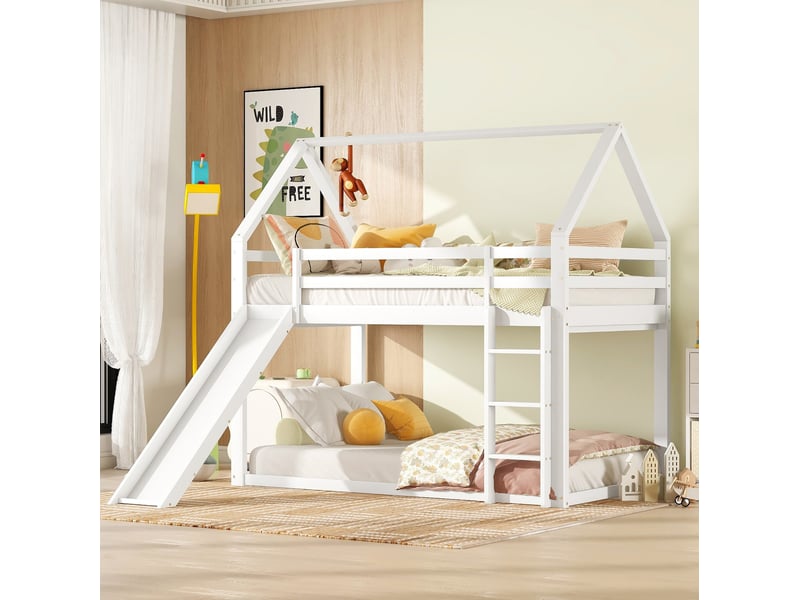  Lit superposé enfant 90x200 cm avec toboggan et échelle blanc  - Conforama D
