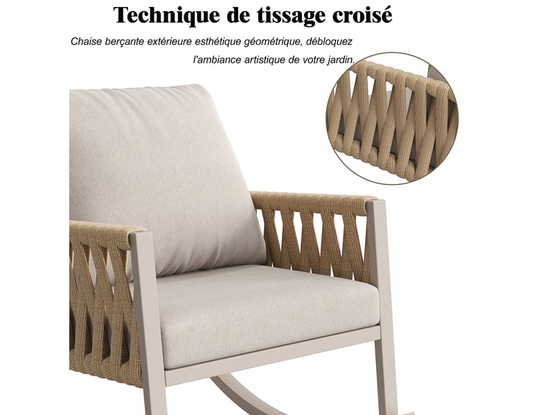 Fauteuil à bascule extérieur jardin 65x79x78 cm avec cordage croisé et coussins confort, pour terrasse, métal, beige - Conforama R