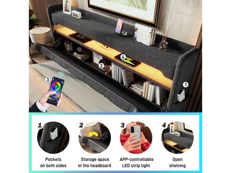  Lit coffre hydraulique 180x200 cm rembourré avec tête de lit rangement-led 360° et usb-c-sommier à lattes en lin-gris  - Conforama D