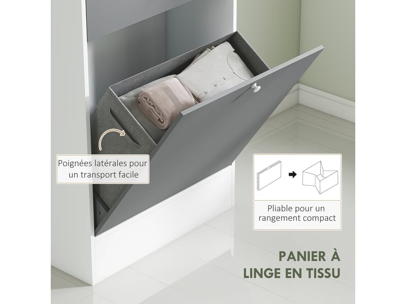  Meuble de salle de bain avec panier à linge et miroir étagère réglable 62 x 28,3 x 181 cm gris et blanc  - Conforama E