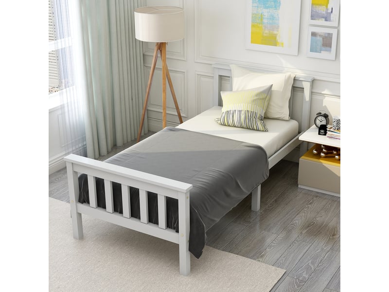  Lit enfant ou ado 90x200 cm en pin massif blanc, tête de lit style naturel  - Conforama E