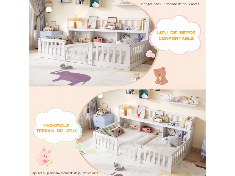  Lit montessori enfant 90x200 cm avec bibliothèque intégrée et barrières de sécurité, lit simple au sol en bois blanc, sans matelas  - Conforama D