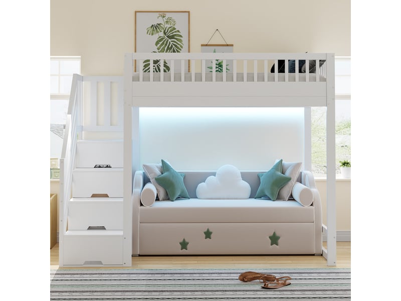 Lit mezzanine 140 x 200 cm - avec échelle de sécurité - avec barrières de sécurité - équipé de lumières led - blanc (matelas non inclus)  - Conforama B
