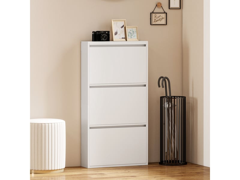  Meuble à chaussures métallique à 3 compartiments rabattables, meuble à chaussures mince, mural, pour 6 paires de chaussures, blanc  - Conforama C