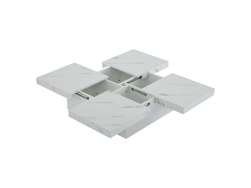  Table basse carrée moderne blanche effet marbre, plateau coulissant, 4 tiroirs, 90×90×25 cm, charge 30 kg  - Conforama D
