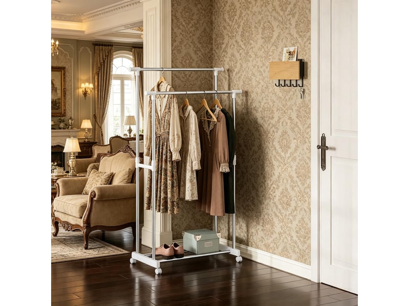  Portant à vêtements extensible sur roulettes, double barre, penderie ouverte  - Conforama E